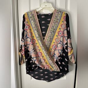Miin Black Mixed Paisley Printed Faux Wrap Front Top high low bottom hem size